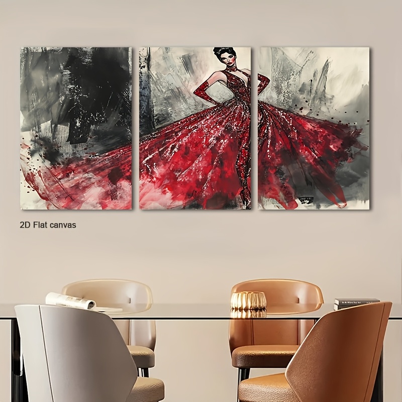 Canvas Wrap Ready - Bezramowe płótno 3-częściowe: Czerwona suknia z